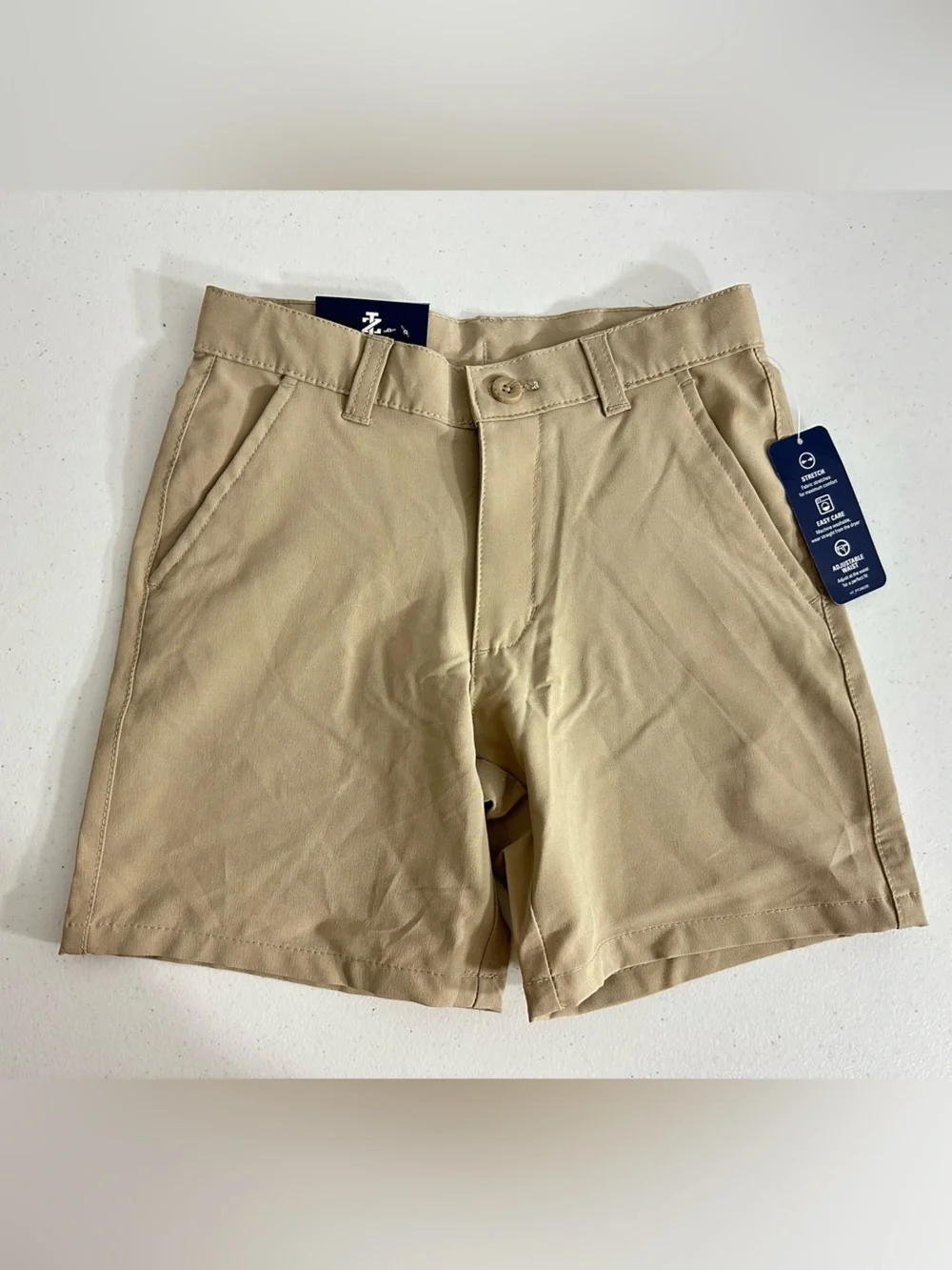 NWT IZOD Boys Size 7 Flat Front Performance Wicking Uniform Dress Shorts Khaki